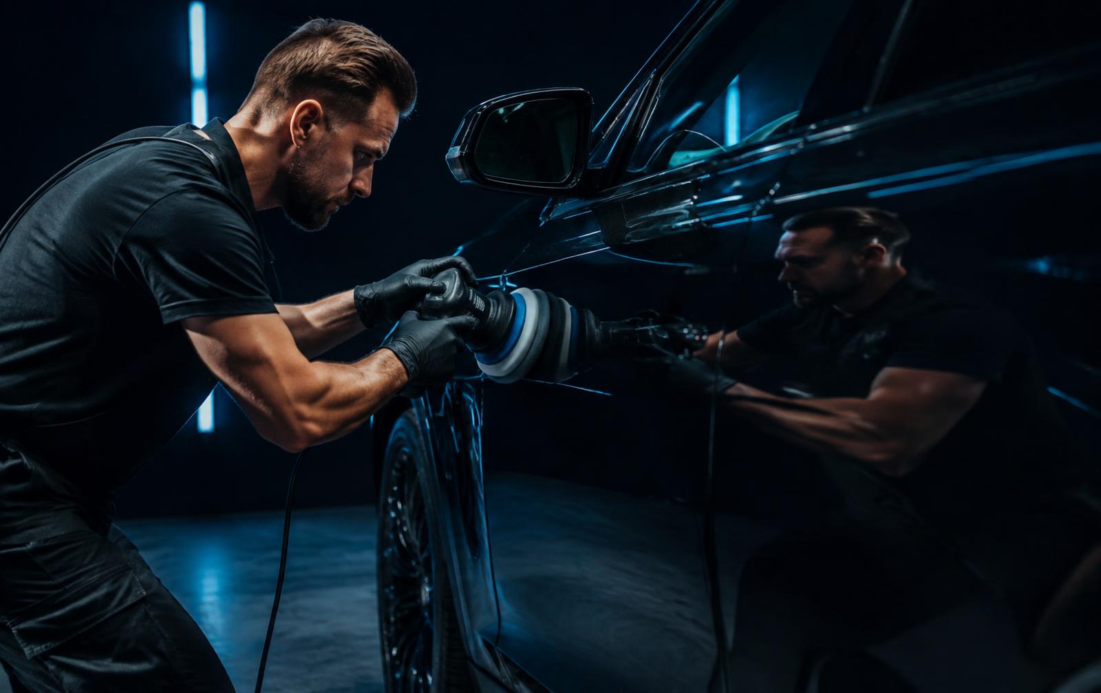 Detailer machine polishing black car paint