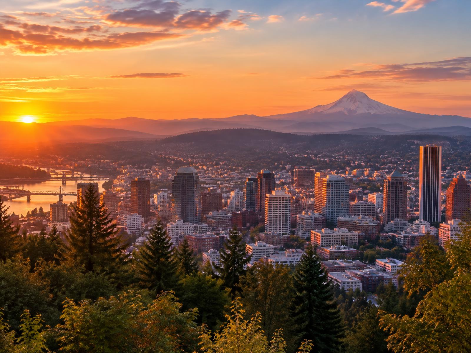 Portland, Oregon skyline at sunrise